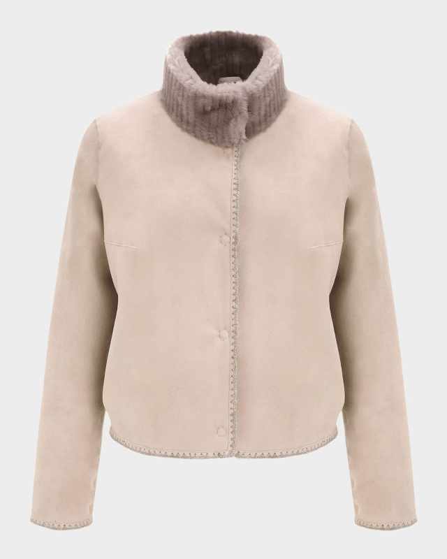 Reversible Merino Grooved Shearling Lamb Jacket With Embroidered Tri